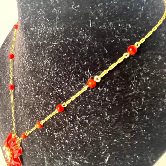 Y2K Joan Rivers Coral Enamel Pendant Necklace Gold Tone Chain Retro Rhinestone - Picture 11 of 13